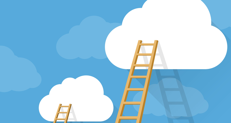 ladders leaning against clouds, showing climbing into the clouds.