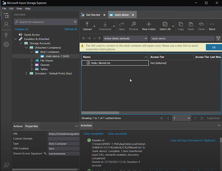 A screenshot of pasting the SAS URL into the Azure Storage Explorer.