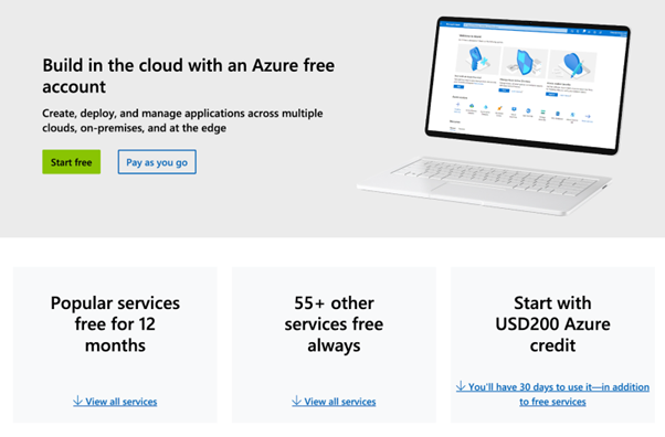 A screenshot of the Azure account sign-up webpage. The first step in the Azure Masterclass.