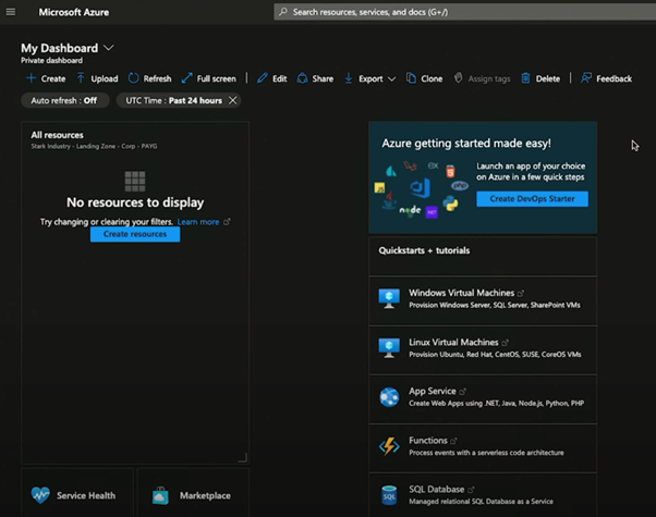 A screenshot of the Microsoft Azure "My Dashboard".