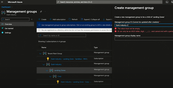 A screenshot of the "Management Groups" page where you can set up your Azure groups and resources.