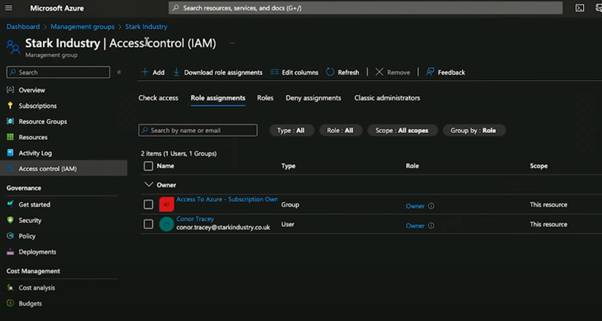 A screenshot of the Microsoft Azure Access Control panel where permissions can be set.