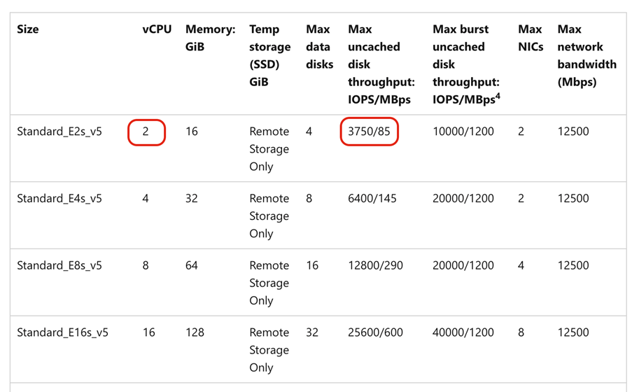 A screenshot highlighting the disk throughput and IOPS, alongside the basic specs of VMs.