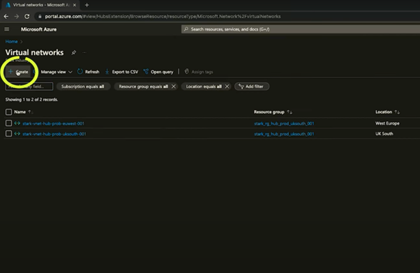 A screenshot of the Azure portal, highlighting where to create Azure Virtual Networks.